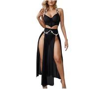 OBASDFD Women Lingerie Babydoll Chemise 3 Piece Set Corset Bra and Mesh Sheer Side Split Maxi Skirt Boudoir Outfits with Thongs Dark Blue(Black,XXL)