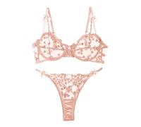 OBASDFD Women LingеRie Set Brassiere Strap Lace Thong Underwear Flower Embroidery Bra Lenceria(Light Red,L)(Skin,M)