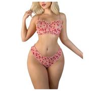 OBASDFD Women's 2 Piece Lingerie Set Cherry Print Mesh Underwire Bra and Panty Cute Frilly Sets Pink Medium(Large)