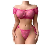 OBASDFD Women's 2 Piece Lingerie Set Mesh Sheer Lettuce Trim Tie Front Bra and Thong Sets Hot Pink Small(Black,Medium)