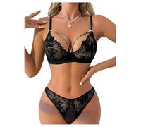 OBASDFD Women's 2 Piece Rhinestone Chain Lingerie Set Sparkly Lace Underwire Bra and Panty Mesh Underwear Sets Black 42B(34B)
