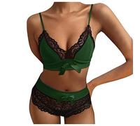 OBASDFD Women's Lingerie Sets Bow Lace Bra Briefs Female Tops Shorts Pajamas Set Sleepwear Blue(Green,S)