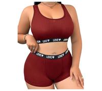 OBASDFD Women's Plus Size 2 Piece Lingerie Set Letter Print Matching Sports Bra and Boyshorts Panties Underwear Khaki XX-Large(Burgundy,2X)
