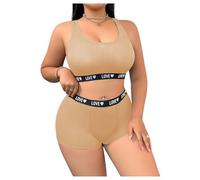 OBASDFD Women's Plus Size 2 Piece Lingerie Set Letter Print Matching Sports Bra and Boyshorts Panties Underwear Khaki XX-Large(Khaki,X-Large Plus)