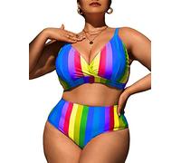 OBASDFD Women's Plus Size Rainbow Striped High Waisted Spaghetti Strap 2 Piece Swimsuit Blue Purple Multi 2XL(4X-Large Plus)