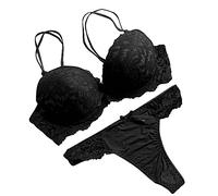 OBASDFD Women's Sexy Lace Lingerie Underwire Push Up Lifting Double Shoulder Strap Bra and Thongs Panty Two Piece Set(Black,Medium)