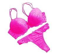 OBASDFD Women's Sexy Lace Lingerie Underwire Push Up Lifting Double Shoulder Strap Bra and Thongs Panty Two Piece Set(Hot Pink,X-Large)