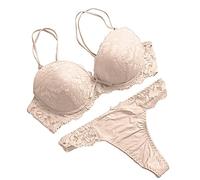 OBASDFD Women's Sexy Lace Lingerie Underwire Push Up Lifting Double Shoulder Strap Bra and Thongs Panty Two Piece Set(Beige,Medium)