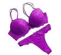 OBASDFD Women's Sexy Lace Lingerie Underwire Push Up Lifting Double Shoulder Strap Bra and Thongs Panty Two Piece Set(Purple,XXL)