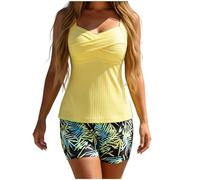 OBASDFD Womens Swimming Costumes Tankini Sets Tummy Control with Printed Shorts Ribbed Twisted Front Swimsuits Two Piece Swimwear for Women (Grey, S)(Light Yellow,S)