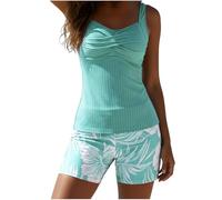 OBASDFD Womens Swimming Costumes Tankini Sets Tummy Control with Printed Shorts Ribbed Twisted Front Swimsuits Two Piece Swimwear for Women (Blue, XXL)(Sky Blue,L)
