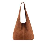 OBC Hecho en Italia Bolso de cuero para mujer, bandolera con aspecto metálico, bolso Hobo, color plateado, marrón (gamuza), aprox.: 43x32x17 cm (AxAlxP)