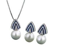 OBCPD 12mm Negro Oro Blanco Perla Zafiro Colgante Collar Pendientes para Mujeres Aniversario Boda Joyería Set