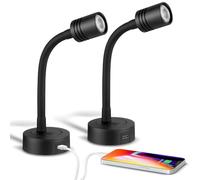 Obeaming 2 x Camper Lámpara de Lectura LED 12V Junto a la Cama Negro Luz Pared Regulable Flexible Cuello de Cisne DC 12V-24V para Autocaravana Furgoneta Barco Cabina, Cargador Tipo C incorporado