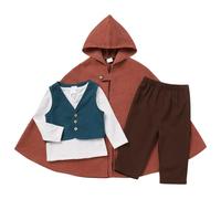 OBEEII Disfraz medieval para bebé, disfraz de portador de anillos, disfraz de Halloween, disfraz de mundo de fantasía, capa con capucha, capa para primer cumpleaños con chaleco superior, pantalones