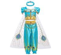 OBEEII Niña Disfraz Jazmin Jasmine Princesa Aladdín Disfraces con Capa Carnaval Traje de Pantalones Halloween Navidad Fiesta Cosplay Costume para Chicas 8-9 años