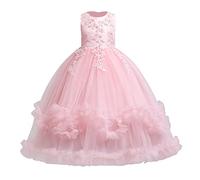 OBEEII Vestido de Fiesta de Boda,Vestido de La Princesa de Bautismo de Niña Tul, con Lentejuelas, con Lazo, Elegante, para Dama de Honor, Boda, Cumpleaños, Fiesta, Vestido de Baile Rosa 6-7 años