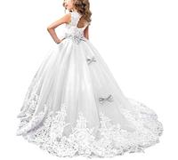 OBEEII Vestido de Niñas Boda Fiesta de Princesa Sin Mangas Encaje Rhinestone Elegantes Vestidos de Noche Comunión Ceremonia Gala Pageant Cóctel Prom 2-3 Años Blanco