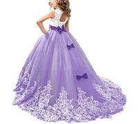 OBEEII Vestido de Niñas Boda Fiesta de Princesa Sin Mangas Encaje Rhinestone Elegantes Vestidos de Noche Comunión Ceremonia Gala Pageant Cóctel Prom 6-7 Años Morado Oscuro