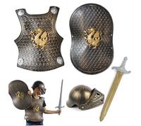 Obelunrp 4 Unids/set Disfraz de Caballero Armadura de Caballero de Plástico para Niños con Casco Espada y Escudo para Niños para Fiestas Temáticas VBS Vestir Juegos de Rol, Uso en Cocina