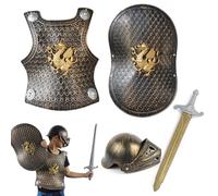 Obelunrp 4 Unids/set Disfraz de Caballero Armadura de Caballero de Plástico para Niños con Casco Espada y Escudo para Niños para Fiestas Temáticas VBS Disfraces Juegos de Rol, Decoraciones de Navidad