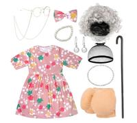 Obelunrp Disfraz de Anciana para Niños, Conjunto Completo de Disfraces de Abuela, Disfraz de 100º Día de Clases - Lunares Florales, Talla S, Abuela, Anciana para Niños