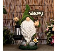 Obelunrp Divertido gnomo de jardín con Linterna Solar y Letrero de Bienvenida, Adornos solares de jardín, estatuilla de gnomo para Patio, césped, Adornos de