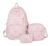 Obelunrp Set de mochila floral, 3pcs/set dejó una mochila impresa floral con bolsa de mensajero y estuche lápiz, sacos de libros suaves para la escuela de niñas, viajes, camping (rosa)