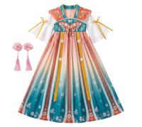 Obelunrp Vestido Chino Para Niñas, Vestido Tradicional Chino Con Bordados Y Estampados Florales + Pasador Para El Cabello A Juego, Azul Champán, 140cm, Mulan Para Niñas, Para