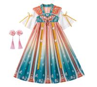 Obelunrp Vestido tradicional chino para niñas, disfraz de Mulan con bordado y estampado floral, azul champán, 110 cm/43, 31 pulgadas, vestido de Mulan para niñas, chino para