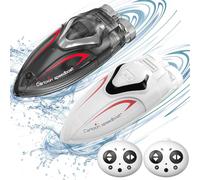 OBEST 2 Pcs Mini Barcos Teledirigidos con Luz LED, Barcos de Carreras RC Stunt Lanchas con 2,4 GHz Control Remoto Impermeable y Piscina Inflable, Juguete Barco de Estanques de Lagos para Niños y Niñas