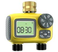 OBEST Ordenador de riego con 2 salidas, riego por goteo programable con entrada de latón, temporizador de riego automático con pantalla LCD grande con retardo de lluvia/manual/agua
