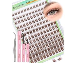 Obeyalash Brown Lash Clusters Kit PestañAs Postizas 144pcs Eyelashes Pegamento PestañAs Pelo a Pelo C Curl Clear Band Eyelash Lashes With Bond and Seal 8-16mm DIY at Home (FD29)