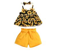 OBiQuzz Camiseta sin mangas para niña con volantes y girasoles, camiseta tops, chaleco, pantalones cortos, diademas, traje de Halloween, Negro , 3-6 meses