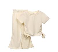 OBiQuzz Conjunto de 2 piezas de pantalones acampanados de manga corta con cordón para niñas con cuello de encaje, beige, 7-8 años