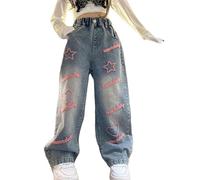 OBiQuzz Girls' Versatile Jeans 2024 Autumn New Korean Version for Middle and Large Children Fashionable and Stylish Love Denim Wide Leg Pants Strickleggins, Rosa., 11-12 años