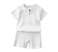 OBiQuzz Niño Bebé Niño Niña Sólido Jersey Manga Corta Algodón Lino Sudadera Camiseta Cuello Redondo Tops Pantalones Cortos Conjunto Ropa Halloween Disfraz Bebé 68, Blanco, 2-3 años
