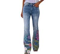 OBiQuzz Pantalones acampanados para mujer, cintura baja, pantalones vaqueros holgados, pantalones vaqueros rectos con flores bordadas, pantalones vaqueros elásticos, anchos, ajustados, ajustados,