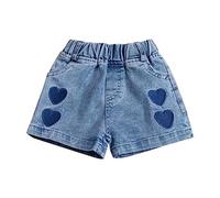 OBiQuzz Pantalones cortos de mezclilla para niña con estampado de amor bordado brillante, cintura elástica y pantalones de portero para niños 128, azul, 3-4 años