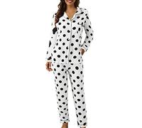 OBiQuzz Pijama de manga larga para mujer, informal, con botones, lunares, con estampado de lunares, para mujer, mullido, largo hasta la rodilla, a, M