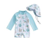 OBiQuzz Traje de baño niño 92 estampado manga larga cremallera rash Guard traje de baño sombrero de sol traje de baño bebé 68, Blanco, 3-6 meses