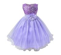 OBiQuzz Vestido de niña de primavera color liso sin mangas lentejuelas floral vestido de malla cumpleaños escuela arco iris ropa de mujer, morado, 5-6 años