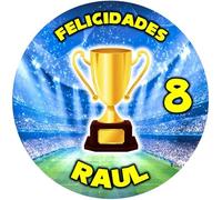 OBLEA de FUTBOL TROFEO Redonda personalizada para Pastel o Tarta, Papel Comestible Decoracion Cumpleaños, Obleas Comestibles Torta Redondo - Vegano y Sin GLuten