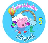 OBLEA de George Peppa Personalizada con Nombre y Edad para Pastel o Tarta, Especial para cumpleaños, Medida Redonda de 20cm de diámetro