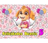 OBLEA de SKYE PATRULLA CANINA personalizada con nombre y edad para pastel o Tarta, especial para cumpleaños, Medida rectangular de 28x20cm