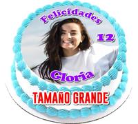 OBLEA GRANDE CON FOTO Redonda, personalizada nombre y edad para pastel o Tarta, especial para cumpleaños
