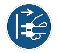 Obligación de Adhesivo Obligatorio NF ISO7010 - Adhesivo Adhesivo de Señalización Laminado Ronda Resistente al Agua y a Los Rayos UV - Desconecte el Enchufe de la Red Eléctrica - Diámetro 20 cm