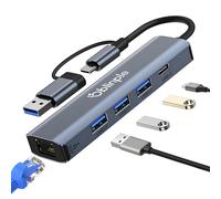 Oblinple Hub USB C a Ethernet 5 en 2, Adaptador a LAN 1000 Mbps, Adapter de Red a RJ45 Gigabit Con 3 Puertos 3.0 y Type C, Multipuerto Para Windows XP, MacBook, Linux, Chromebook