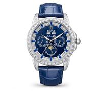 OBLVLO Reloj de lujo para hombre con bisel de diamante, 24 horas, multifuncional, mecánico, automático, correa de piel con fase lunar GCM GCM-MUT, GCM-MUT-YLLL, Moderno