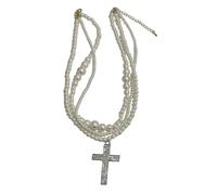 Obotsnoi Collar con colgante de cruz de cristal retro con cadena multicapa de perlas de imitación para una elegante colección de joyas, cruces brillantes y accesorio de perlas